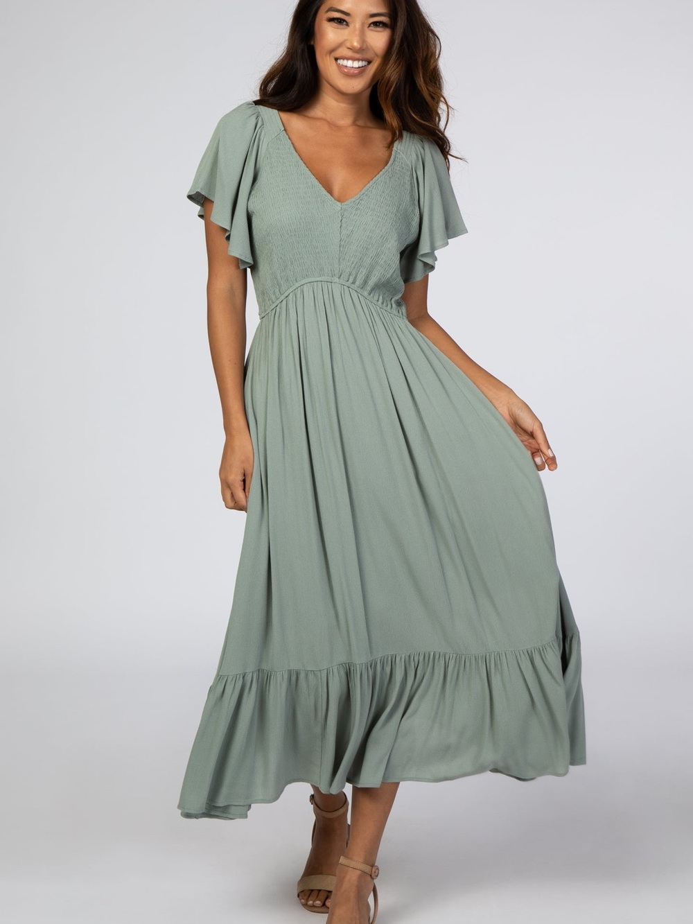 Pinkblush (Maternity) Sage Green Flutter-Sleeve Maxi Dress